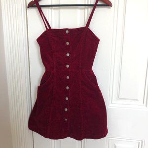 Wine Red Corduroy Button-up Overall Dress